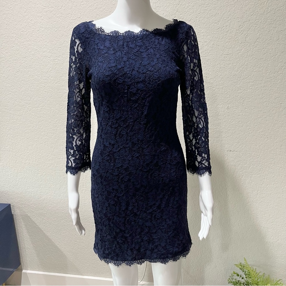 Diane Von Furstenberg Navy Lace Long Sleeve Dress